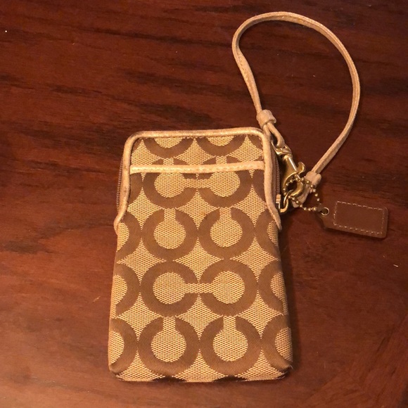 Coach Poppy Signature Op Art Khaki Brown Tan Zip Wristlet Small - Picture 5 of 6